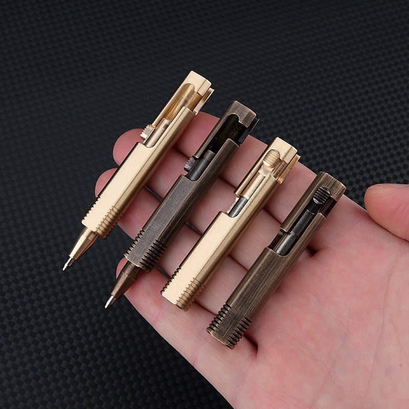 Mini Square Brass Pocket Ballpoint Pen Mini Bolt Style Portable Four-edges Metal Tactical Pen with Loop Keychain