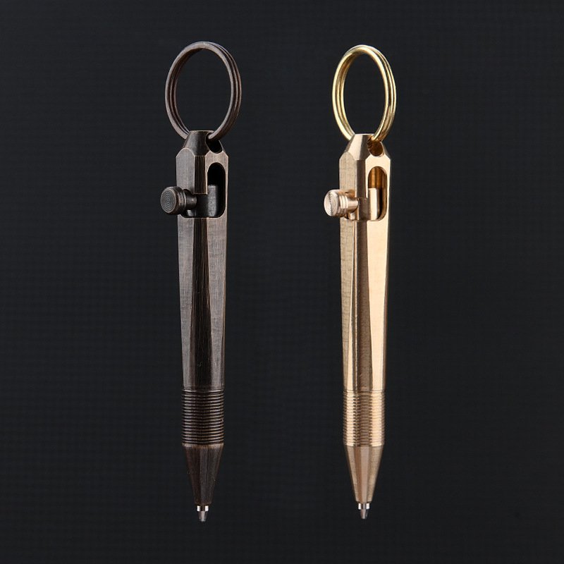 Mini Square Brass Pocket Ballpoint Pen Mini Bolt Style Portable Four-edges Metal Tactical Pen with Loop Keychain
