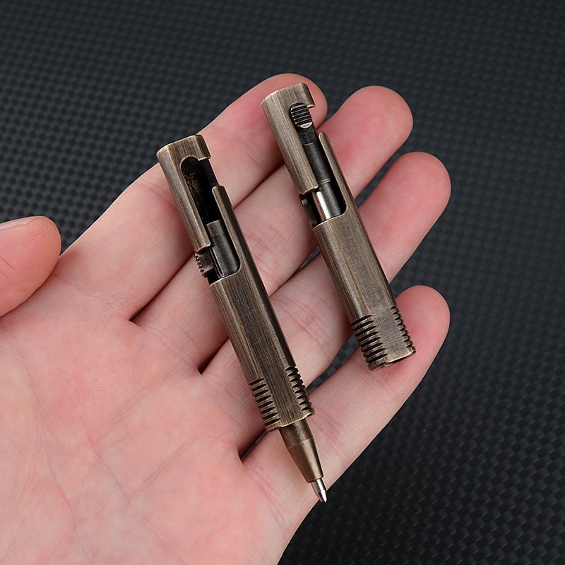 Mini Square Brass Pocket Ballpoint Pen Mini Bolt Style Portable Four-edges Metal Tactical Pen with Loop Keychain