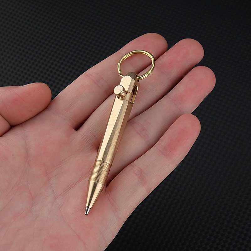 Mini Square Brass Pocket Ballpoint Pen Mini Bolt Style Portable Four-edges Metal Tactical Pen with Loop Keychain