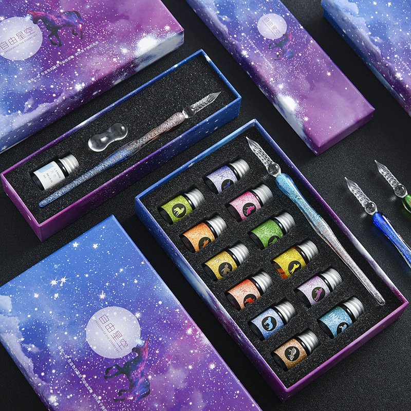 Creative Gift student gift box gold powder color ink set glass pen dipping pen Stationery sign pen