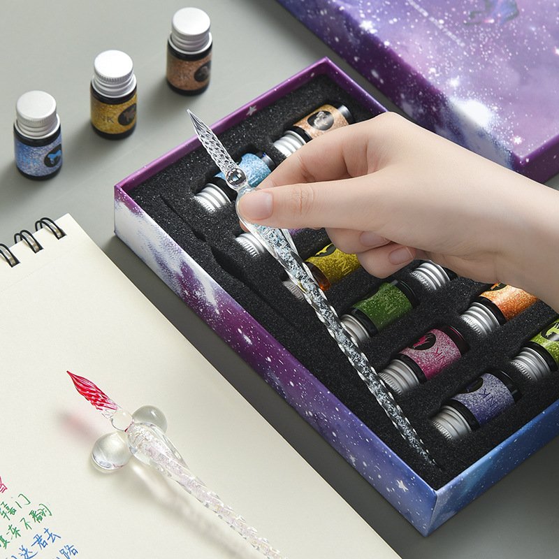 Creative Gift student gift box gold powder color ink set glass pen dipping pen Stationery sign pen