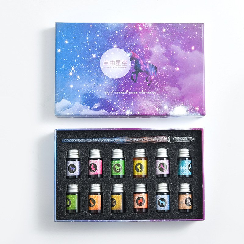 Creative Gift student gift box gold powder color ink set glass pen dipping pen Stationery sign pen
