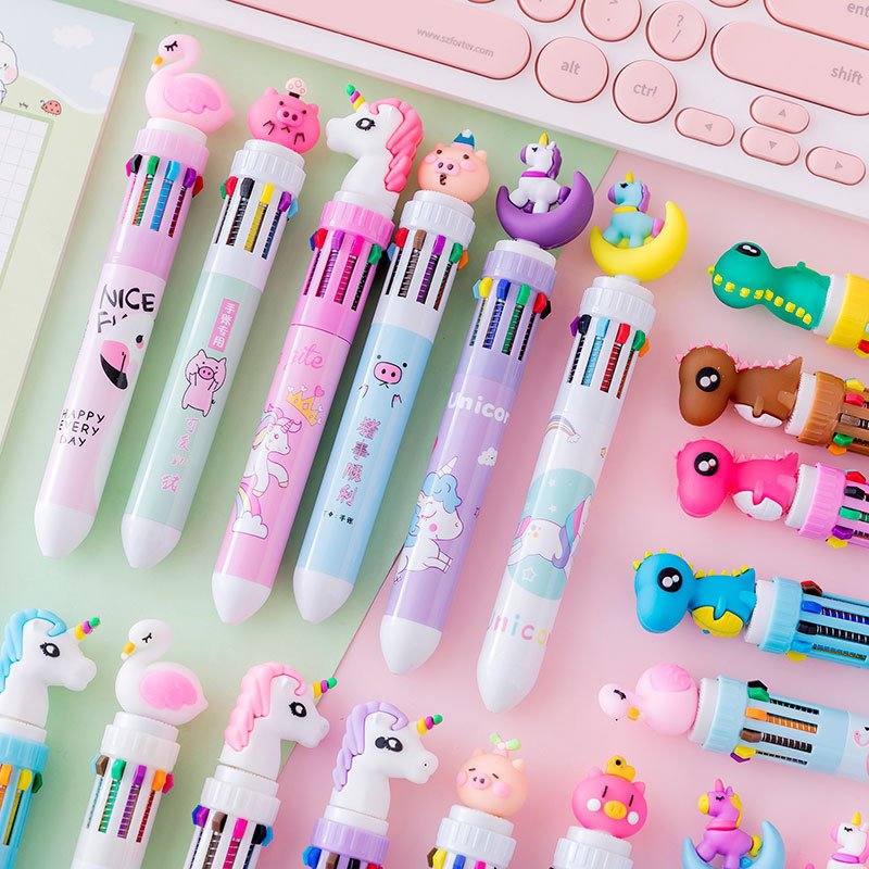 Cute Ten Color Ballpoint Pen, Girl's Heart Cartoon, Multi Color Press Pen, Student Multi functional Color Account Pen