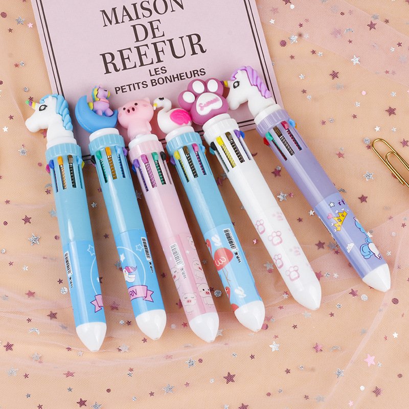 Cute Ten Color Ballpoint Pen, Girl's Heart Cartoon, Multi Color Press Pen, Student Multi functional Color Account Pen