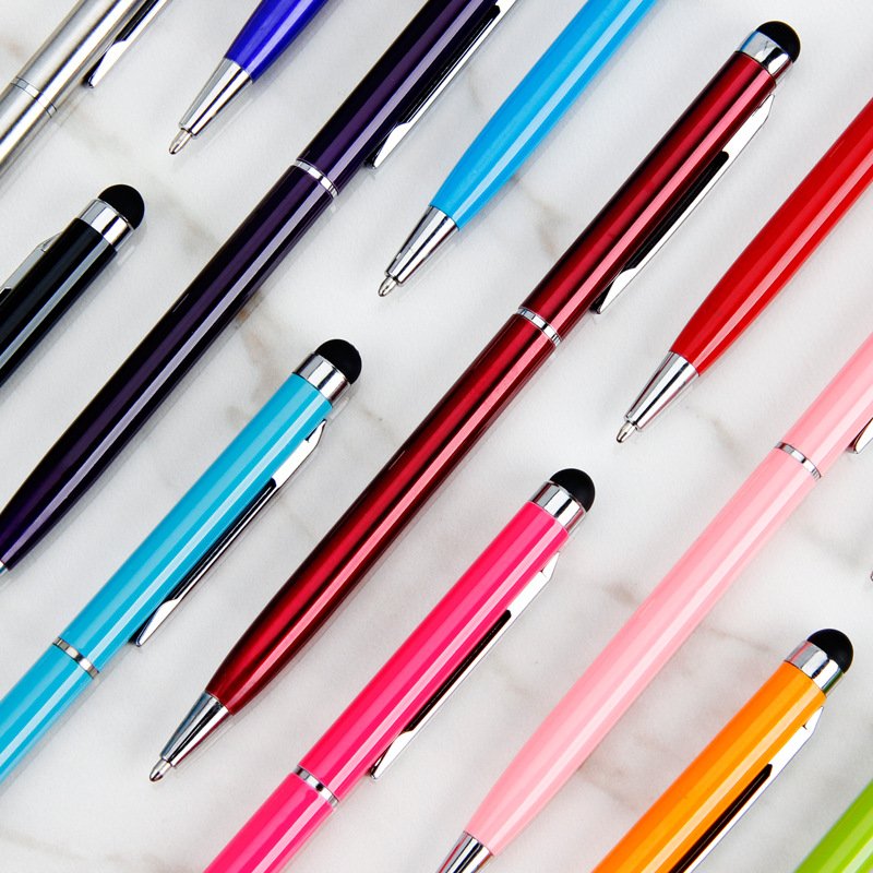 Promotional colorful slim cheap gift ballpoint pen hotel custom metal pen with stylus