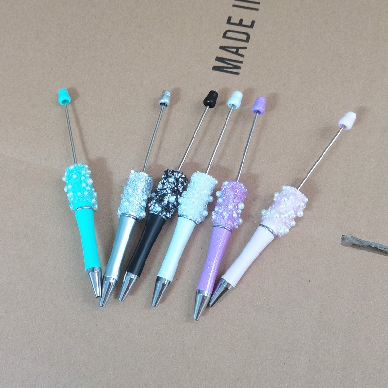 pearl Bling Bling Diamond Ballpoint DIY Pens Top Pink Glitter Beaded Plastic Beadable Pens for Jewelry Making Toys