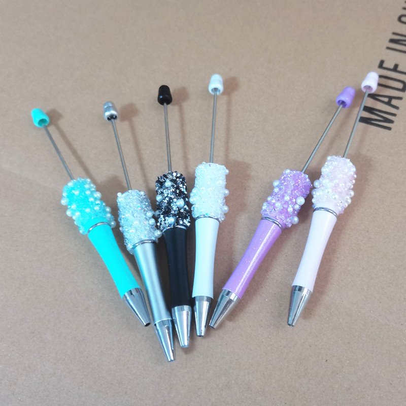 pearl Bling Bling Diamond Ballpoint DIY Pens Top Pink Glitter Beaded Plastic Beadable Pens for Jewelry Making Toys