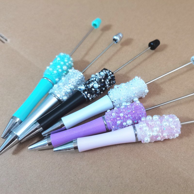 pearl Bling Bling Diamond Ballpoint DIY Pens Top Pink Glitter Beaded Plastic Beadable Pens for Jewelry Making Toys