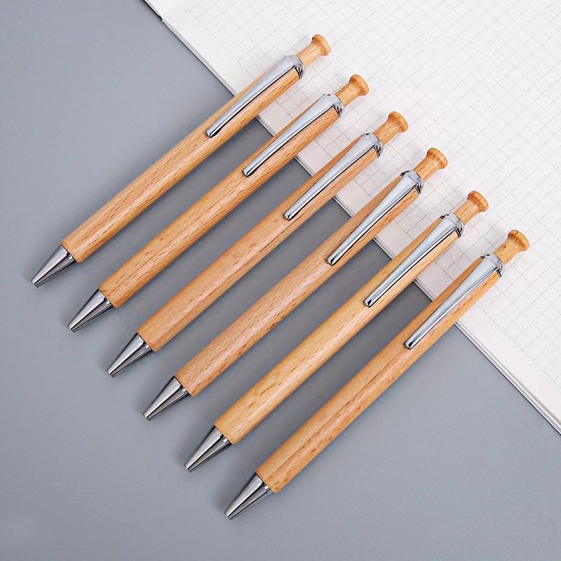 Hot Sales Customized Logo Bamboo Beech Wood Ballpoint Pen 1.0mm Writing Width Classic Business Style Metal Clip Gifts Promotions