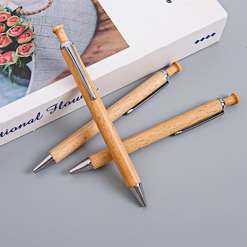 Hot Sales Customized Logo Bamboo Beech Wood Ballpoint Pen 1.0mm Writing Width Classic Business Style Metal Clip Gifts Promotions