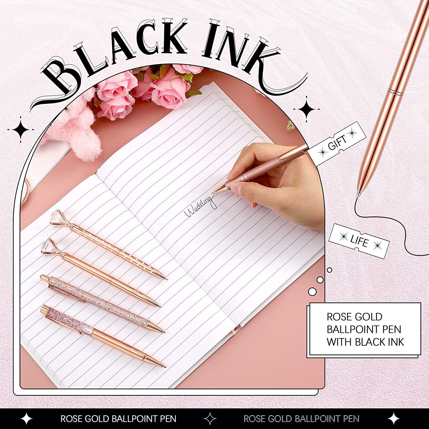 Rose Gold Ballpoint Pens Liquid Sand Glitter Metal Ball Pens Crystal Diamond Pen Girly Black Ink Gifts for Wedding