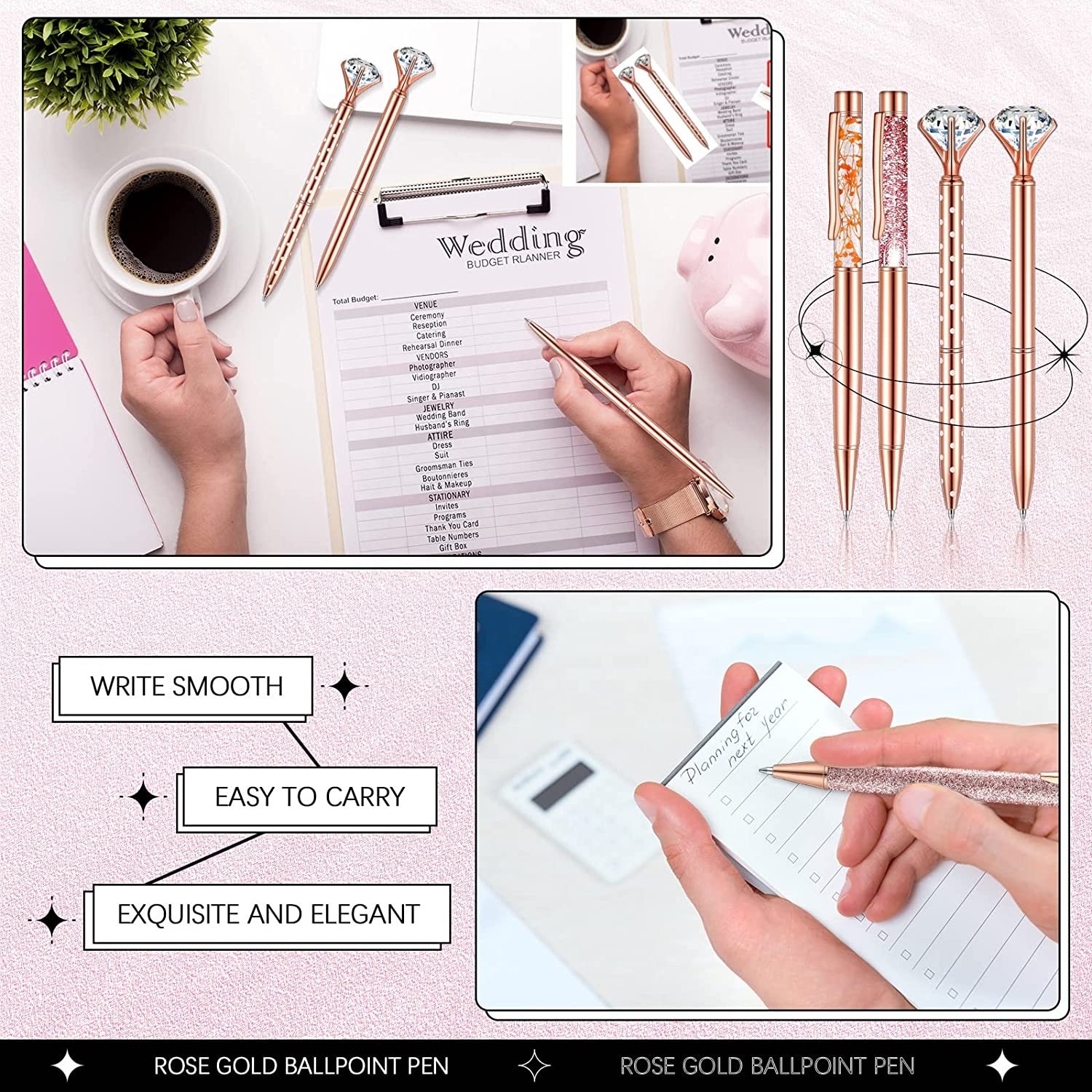 Rose Gold Ballpoint Pens Liquid Sand Glitter Metal Ball Pens Crystal Diamond Pen Girly Black Ink Gifts for Wedding