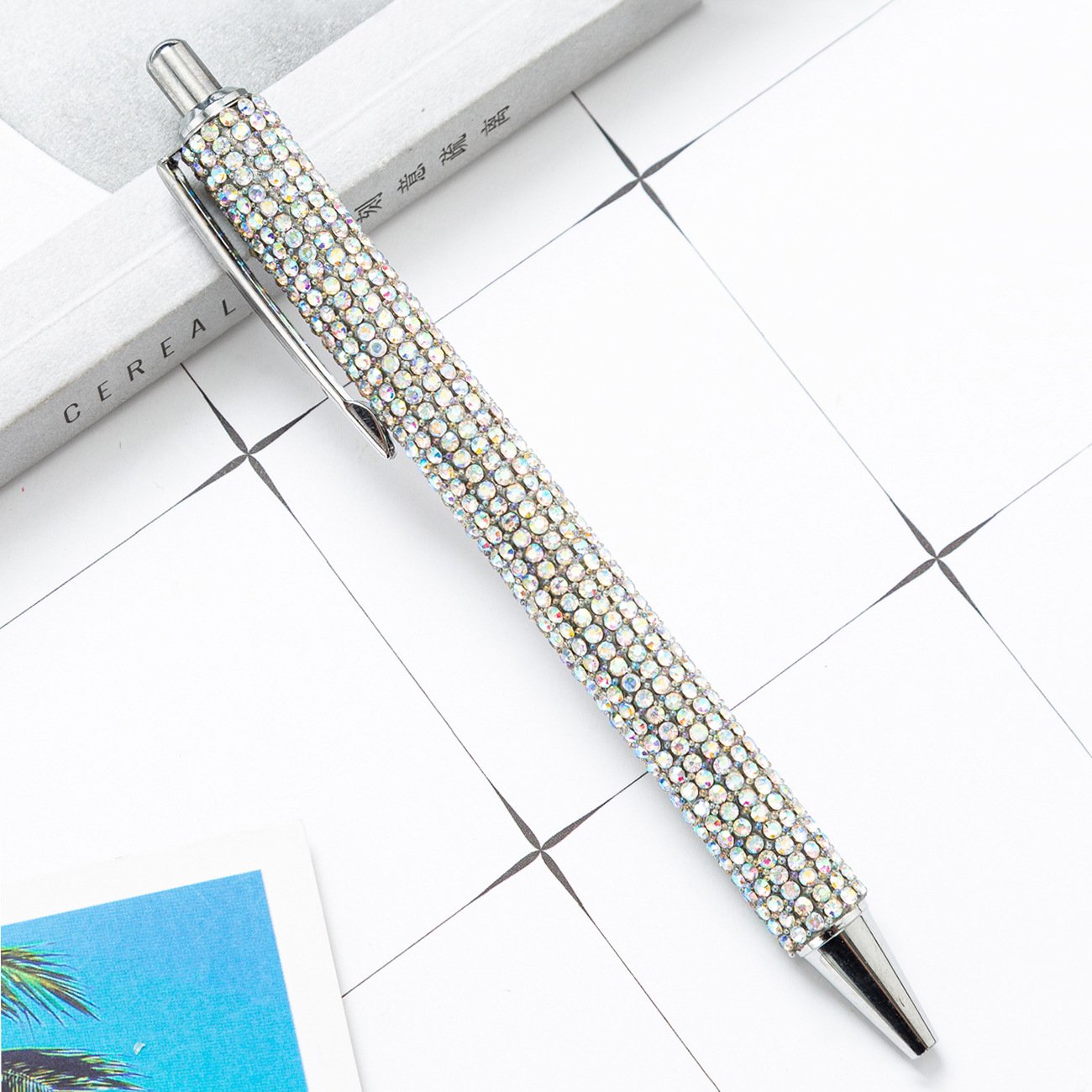Clip ball pen with crystal cover colorful glitter metal ballpoint pen customized box for girls