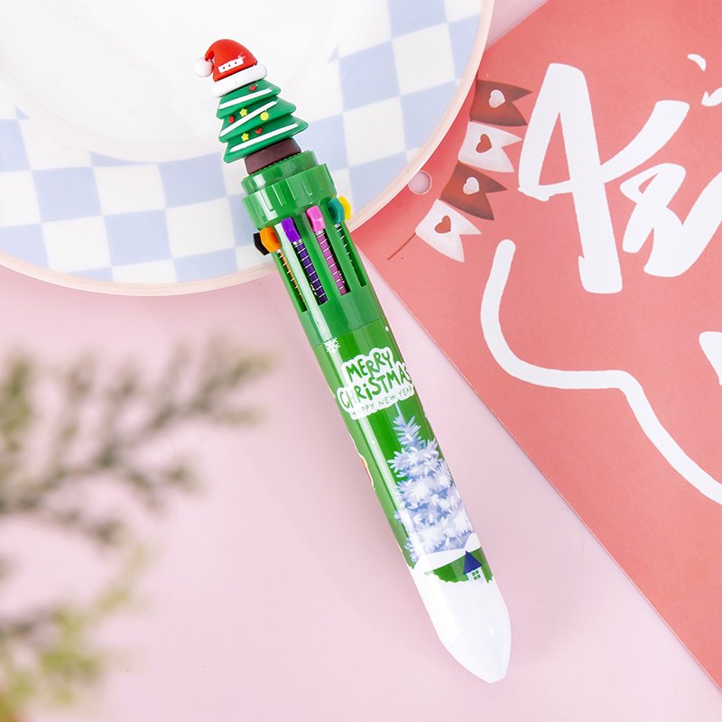 New Christmas 10 Color Ballpoint Pen Colorful Notebook Writing Oil Pen Cute Christmas Student Gift For Children Drawing
