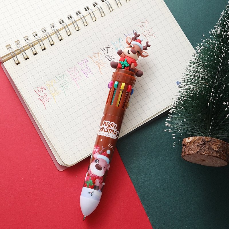 New Christmas 10 Color Ballpoint Pen Colorful Notebook Writing Oil Pen Cute Christmas Student Gift For Children Drawing