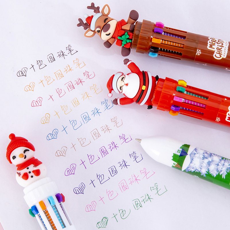 New Christmas 10 Color Ballpoint Pen Colorful Notebook Writing Oil Pen Cute Christmas Student Gift For Children Drawing