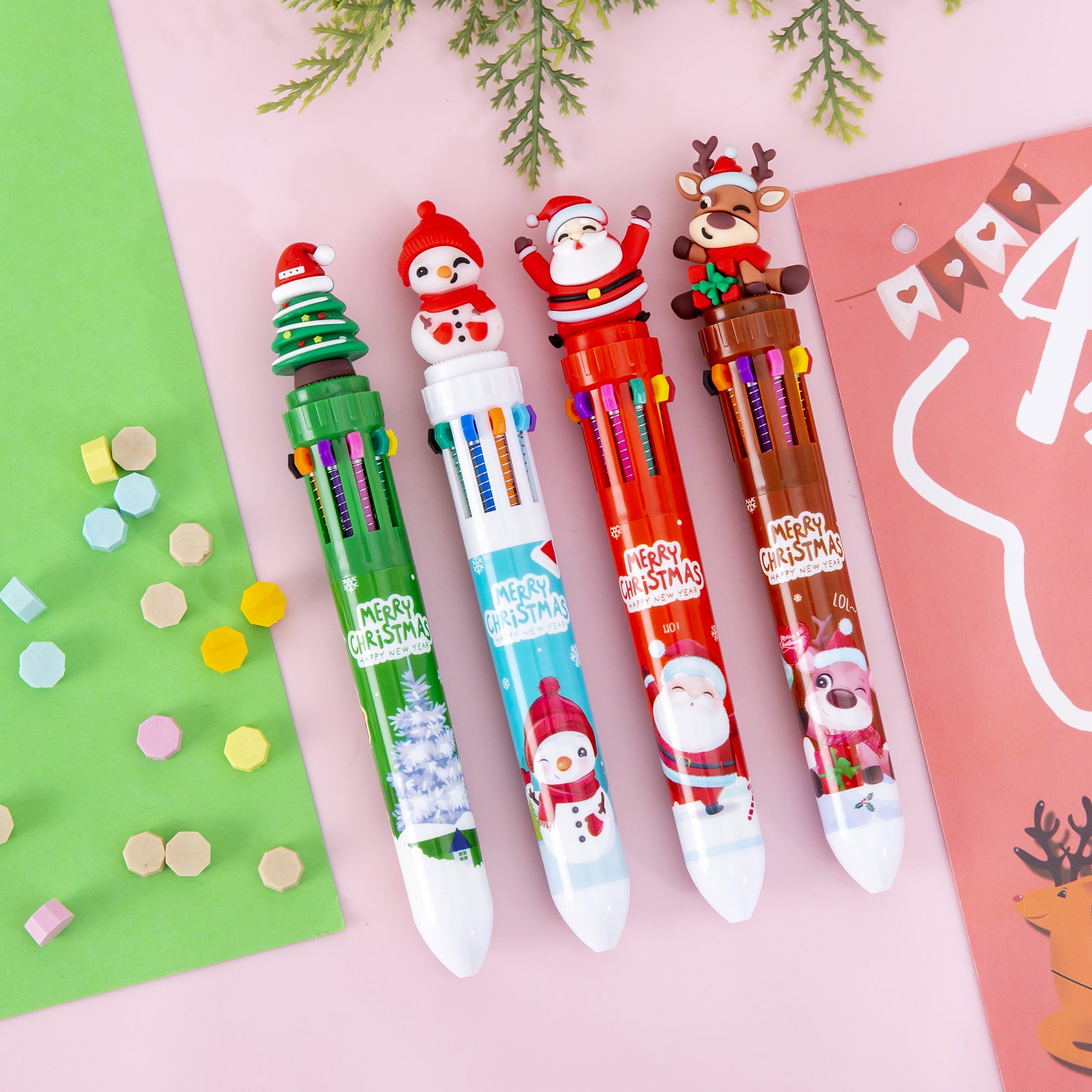 New Christmas 10 Color Ballpoint Pen Colorful Notebook Writing Oil Pen Cute Christmas Student Gift For Children Drawing