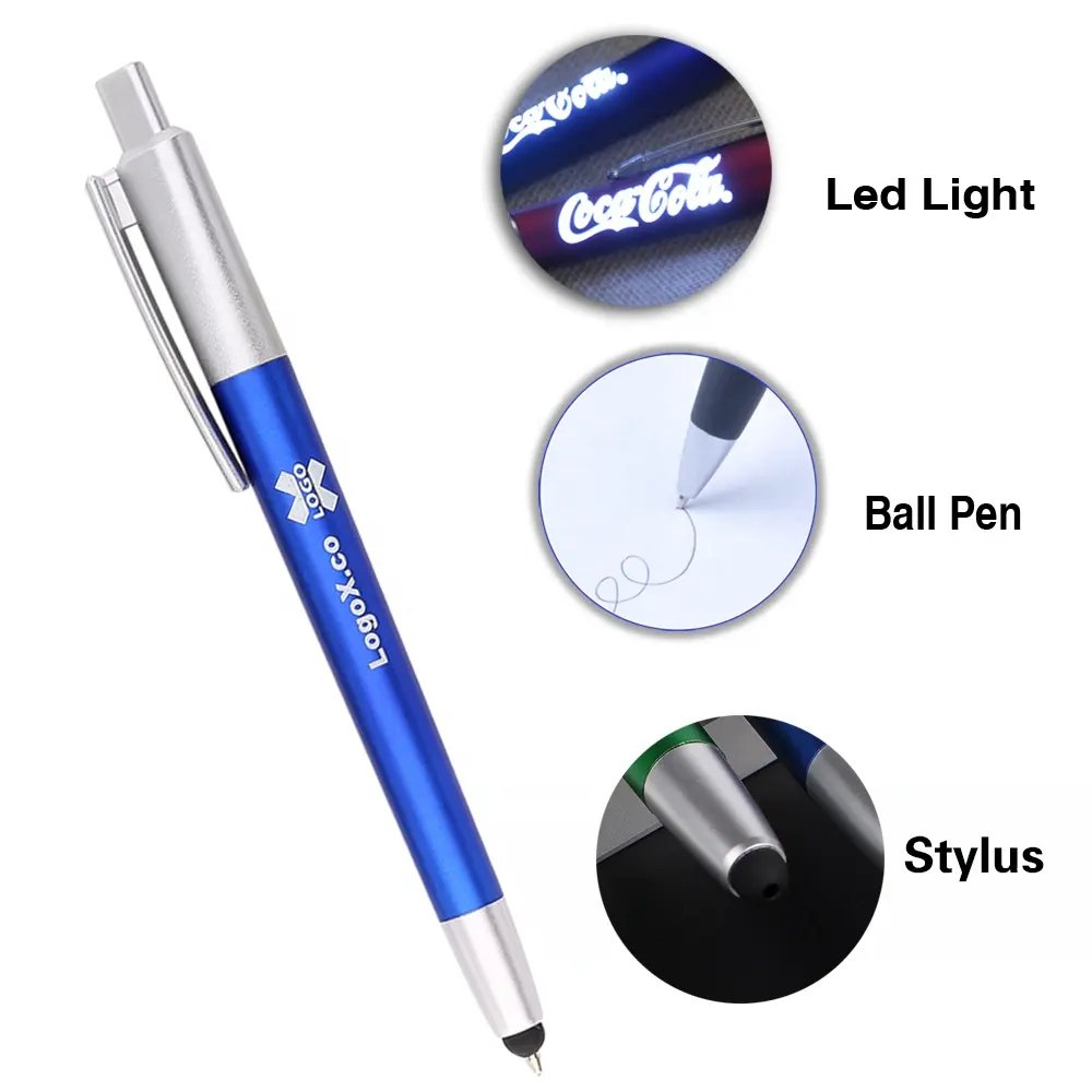 High Quality Promotional 3 in 1 Stylus Ballpoint Pen Custom Laser Logo LED Light Stylus Ballpoint Pen for Gift