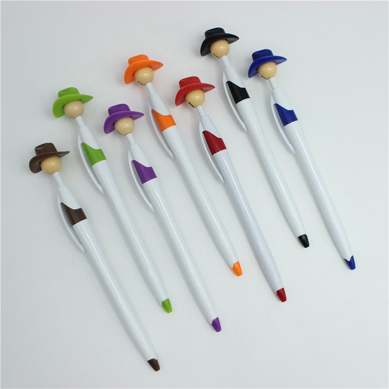 Custom logo white ballpoint pen cartoon cowboy head top pen worker man top novelty pen for promotion