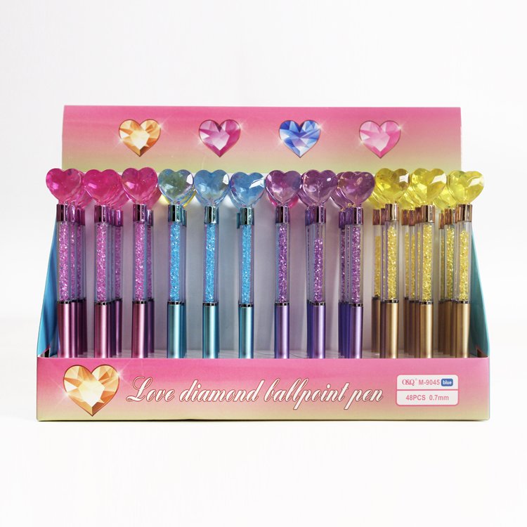 O&Q Cute pens glitter crystal heart ball pens blue black o.7mm for gift stationery school suppliers pens with custom logo