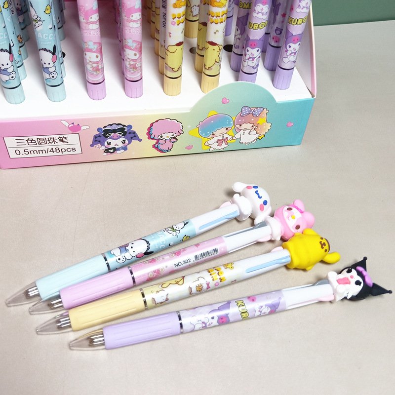 School Student stationery 0.5mm ballpoint pen, 3-colors Melody pressing pen, 48pcs/box Kuromi press pen