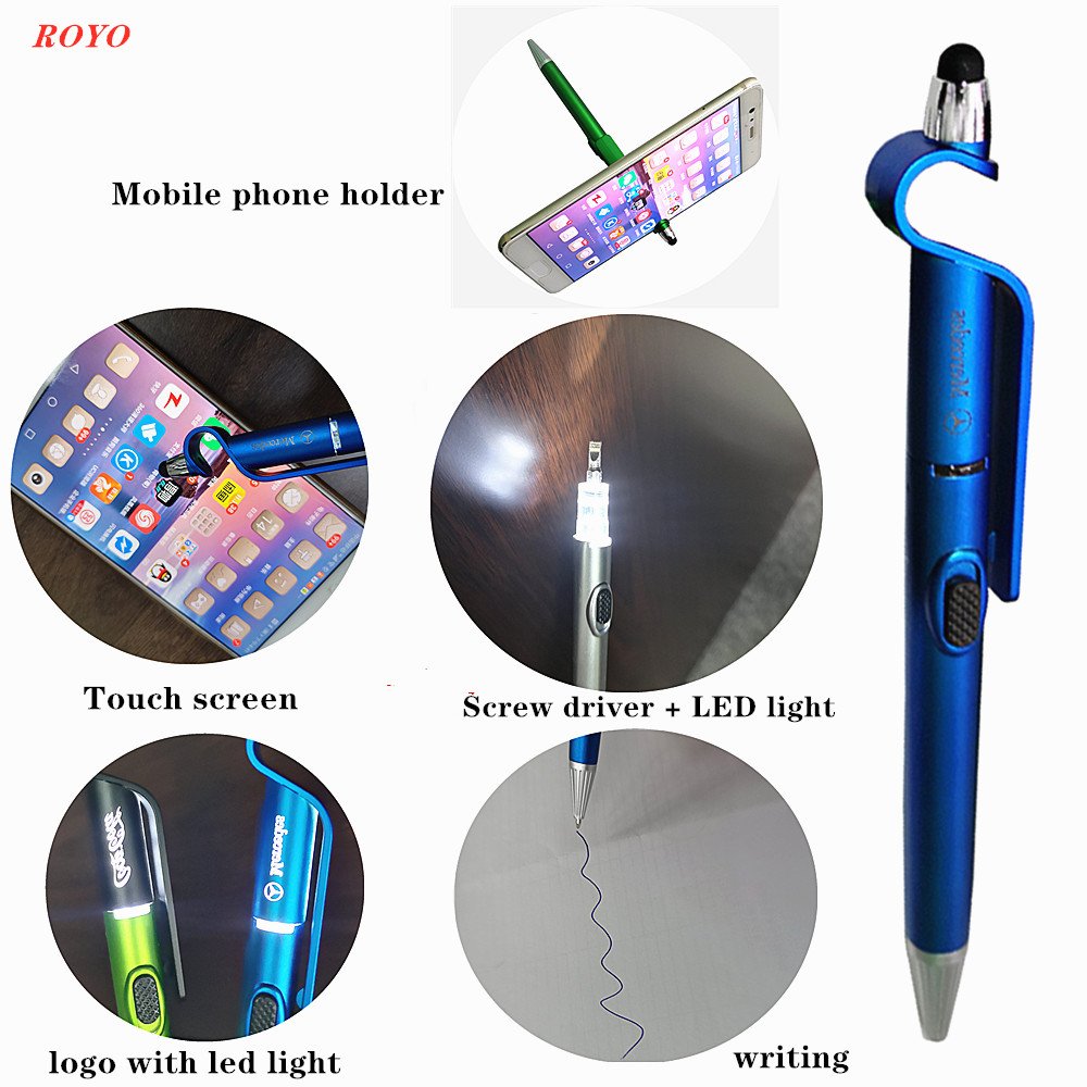 Multi-functional 6 in 1 Tool Pens With Phone Holder Stylus Touch Ballpoint Pen With Led Light And Screwdrivers Custom Logo Pens