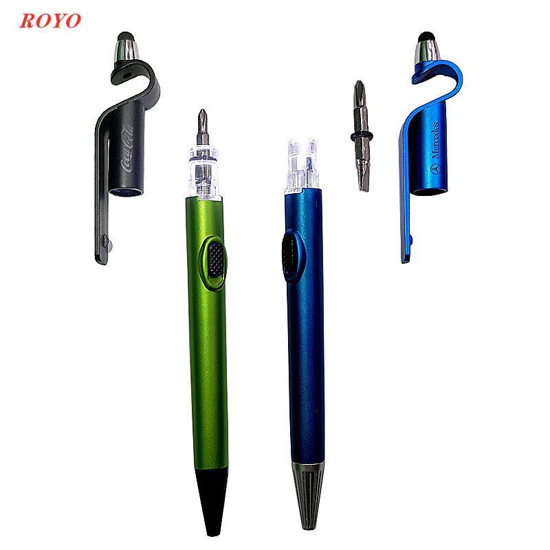 Multi-functional 6 in 1 Tool Pens With Phone Holder Stylus Touch Ballpoint Pen With Led Light And Screwdrivers Custom Logo Pens