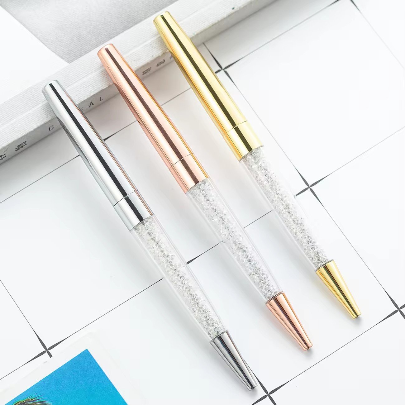 Novel Luxury Rose Gold Pen Wedding Bling Crystal Diamond Ball Point Pen with Logo 1.0mm Writing Metal Promotion Gift Pen