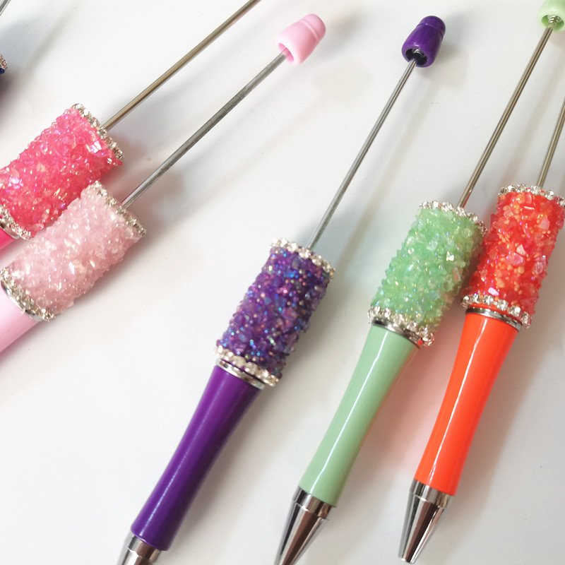 Glitter Diamond Beadable Plastic Ballpoint Pen Customized Printed Focal Pens For Pens