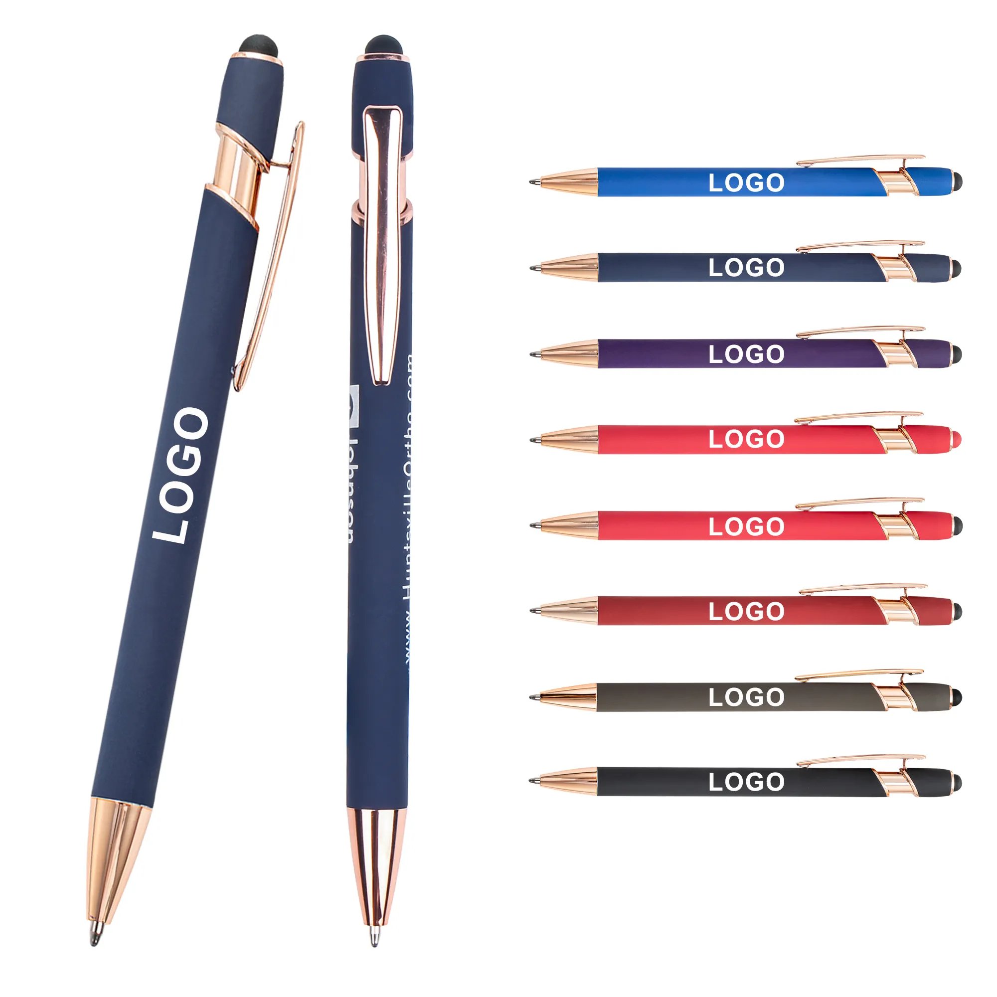 Luxury Stationery Branded Soft Rubber Metal Ballpoint Pen Custom Logo Printed Advertising Ball Point Metal Pen with Stylus