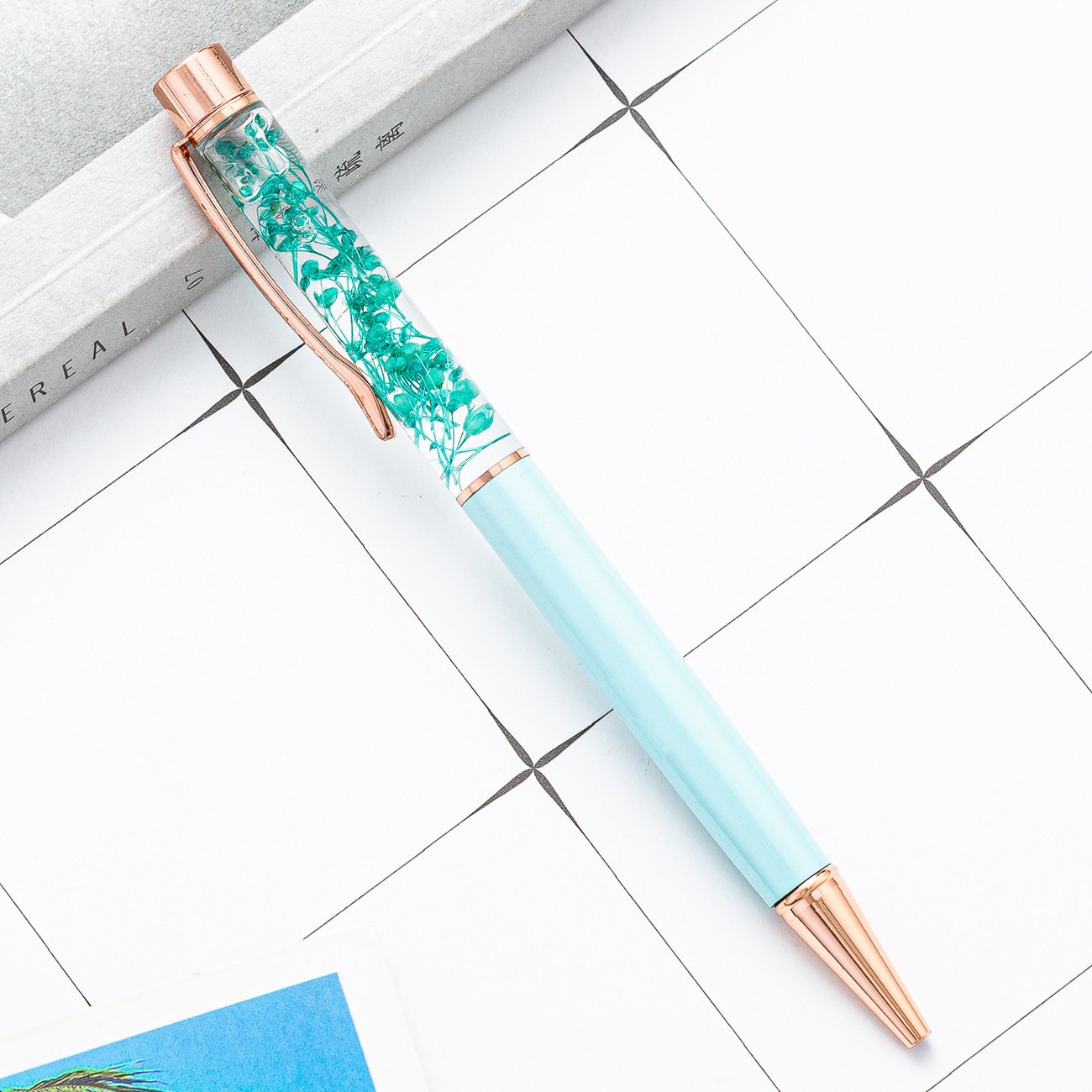 Fancy Girl Rose Gold Metal Luxury Liquid Pens Beautiful Real Dry Flower Decor Customized OEM Black Pens with Animal Design Gift