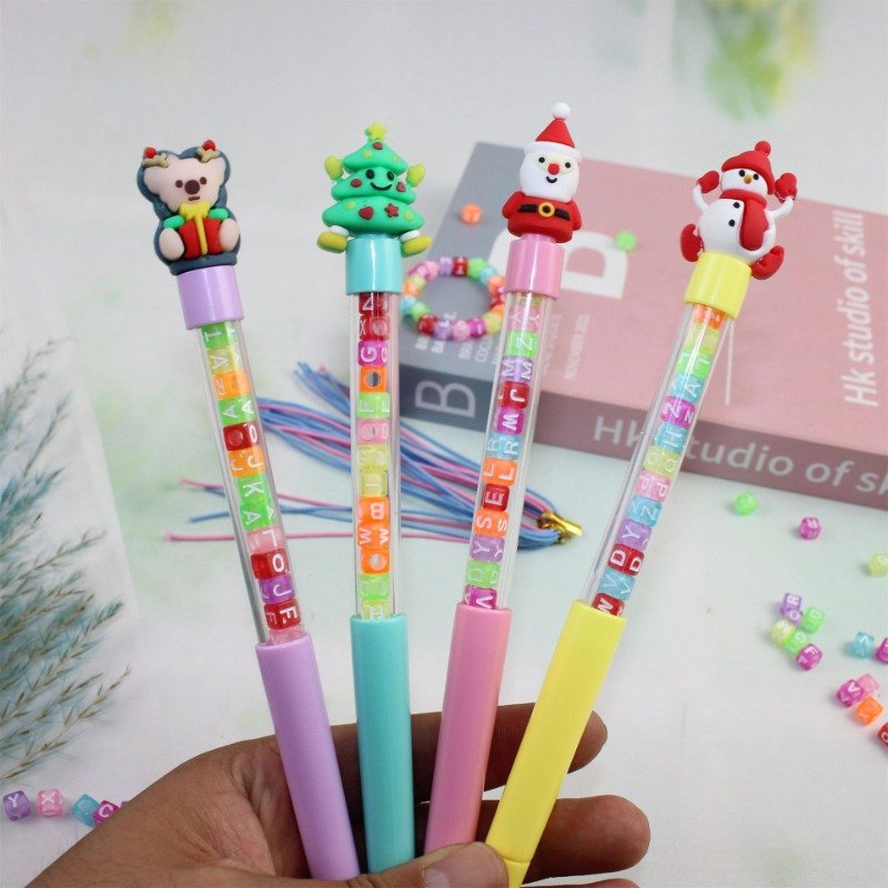 School Stationery Ballpoint Pen Christmas Series Children's Toys Puzzle Handmade Beaded Dice Pen with Rope Beads Neutral Pen