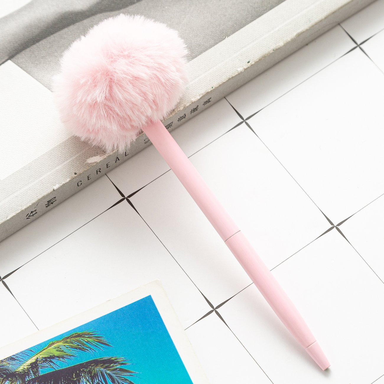 New Custom Stationery Cute Pen Plush Ball Pompom Custom Logo Promotional Metal Barrel Ballpoint