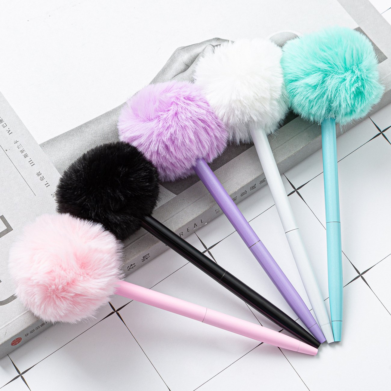 New Custom Stationery Cute Pen Plush Ball Pompom Custom Logo Promotional Metal Barrel Ballpoint