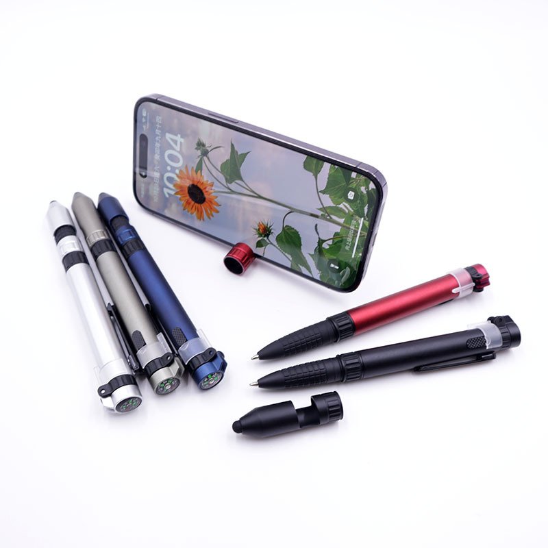 custom logo multi-function 6 in 1 pen screwdriver phone holder stylus compass LED light multi tool ballpoint Pen wholesale
