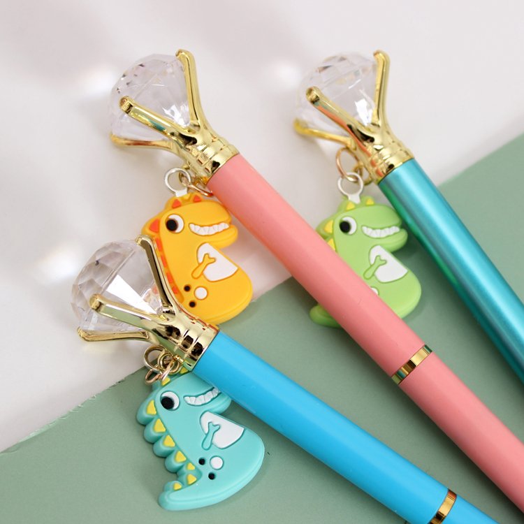 New design ECO material pen Dinosaur pendant with large diamond crystal ballpoint pen for stationery stores school teen pens