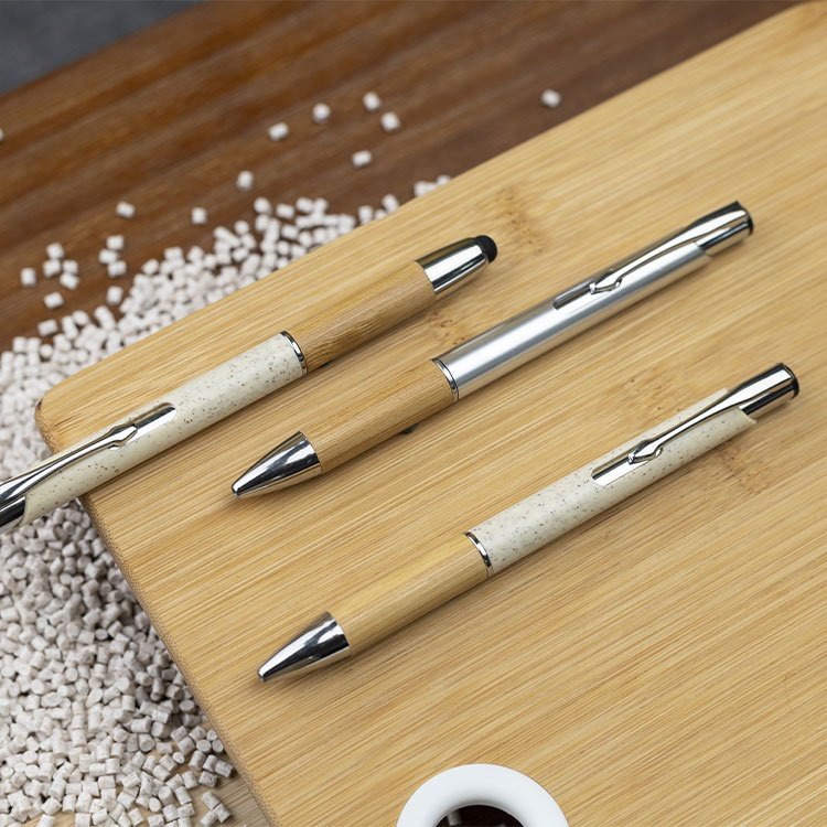 2023 New Design ECO-Friednly Wheat Straw and Bamboo Barrel with StylusTips Retractable Ballpoint pen for Logo