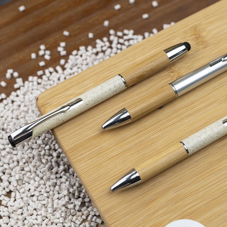 2023 New Design ECO-Friednly Wheat Straw and Bamboo Barrel with StylusTips Retractable Ballpoint pen for Logo