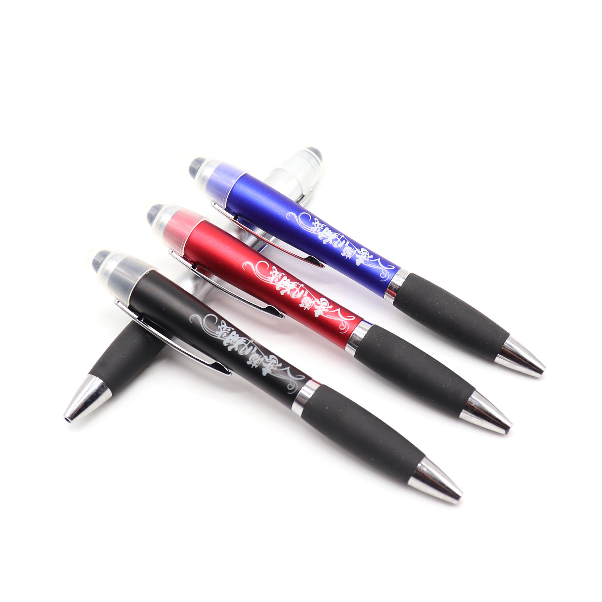 customized led light up ballpoint pens-custom solgan logo light up ball pens with rubber grip