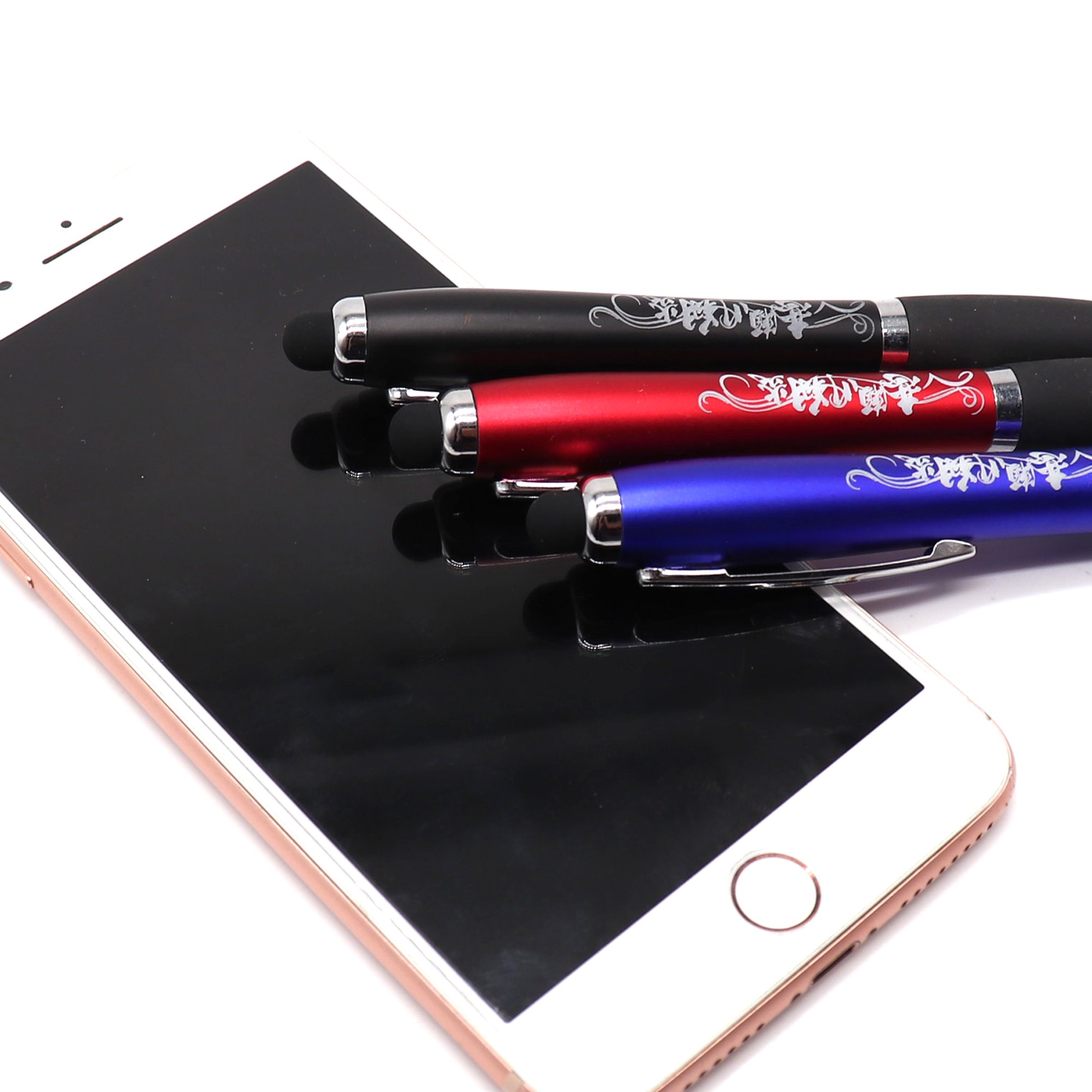 customized led light up ballpoint pens-custom solgan logo light up ball pens with rubber grip