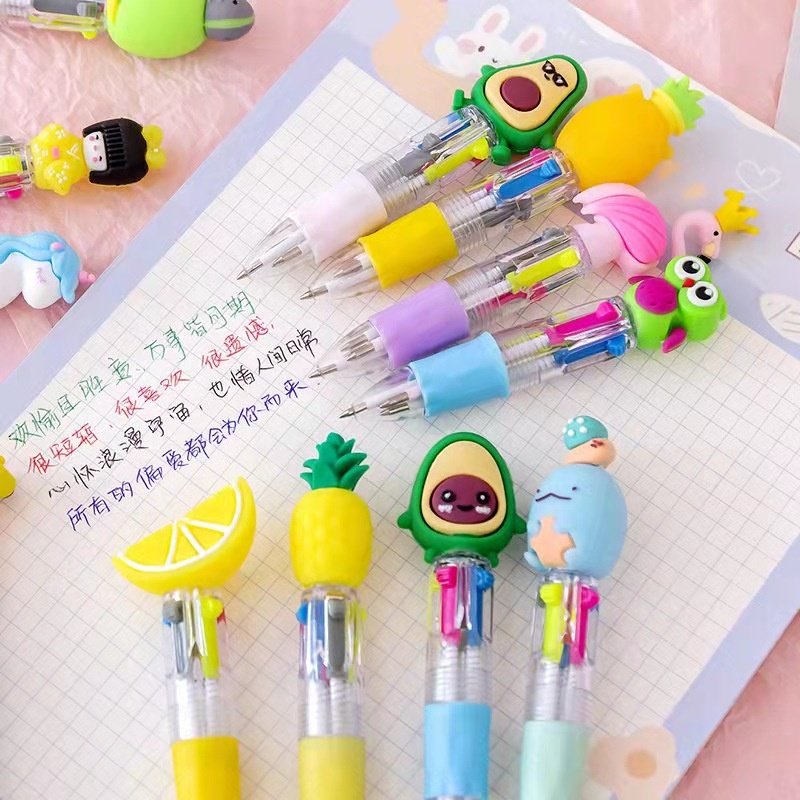 Factory price school kids cartoon cute mini 4 color ink avocado ballpoint pen