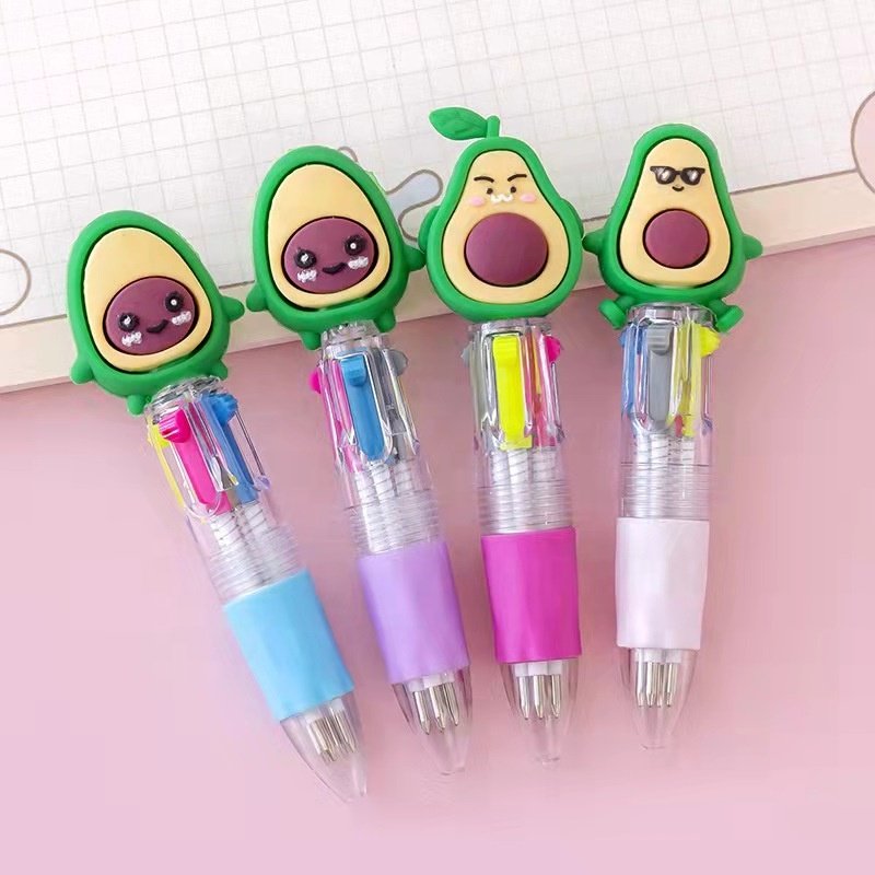 Factory price school kids cartoon cute mini 4 color ink avocado ballpoint pen