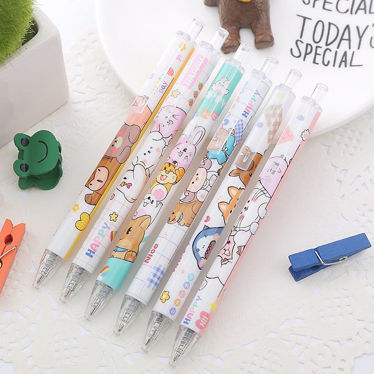 School students test black gel ink cute kawaii cartoon ball pen for kids