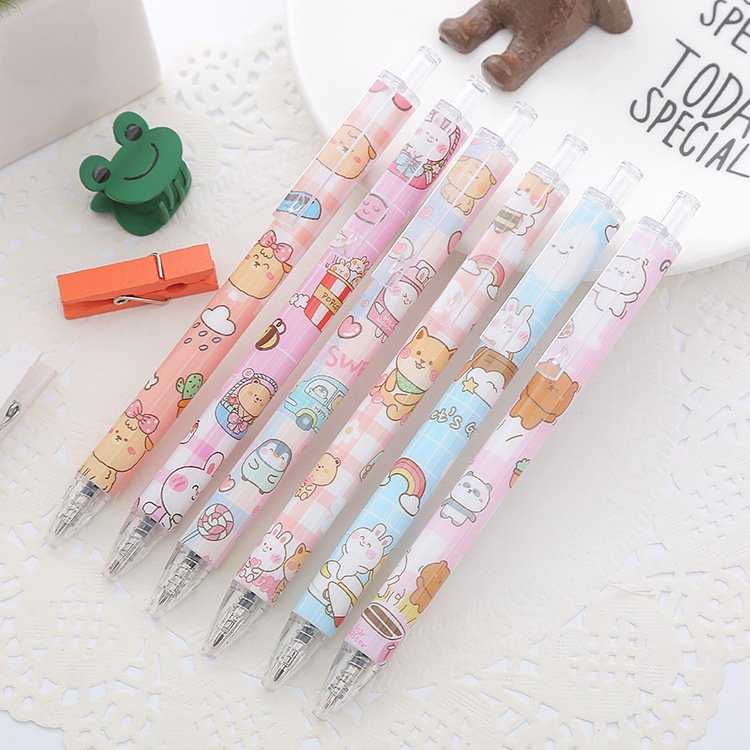 School students test black gel ink cute kawaii cartoon ball pen for kids