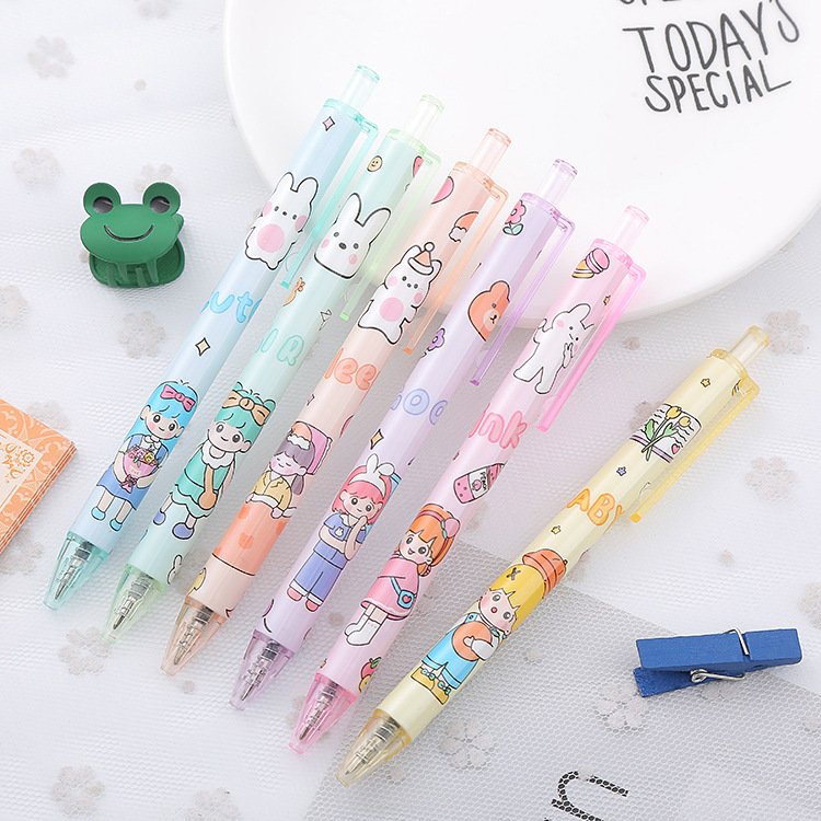 School students test black gel ink cute kawaii cartoon ball pen for kids