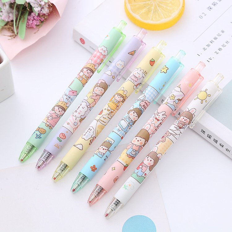School students test black gel ink cute kawaii cartoon ball pen for kids
