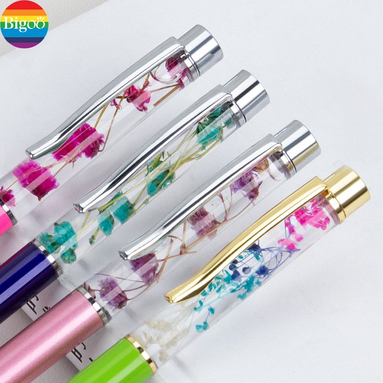 Gift floating 3d flower ballpoint pen customization metal ball pen for promotional