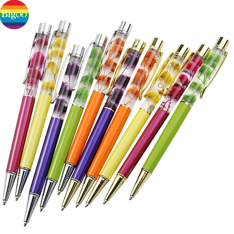 Gift floating 3d flower ballpoint pen customization metal ball pen for promotional