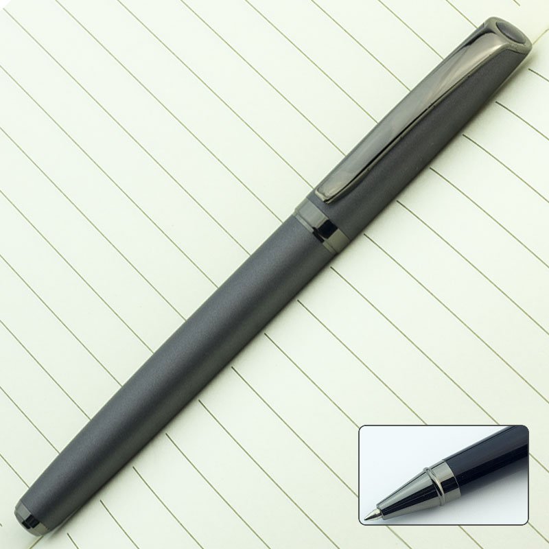 High quality matte gun black roller pen high-end black metal roller gel pen with mirror logo